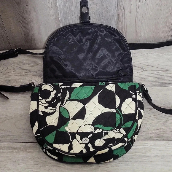 Vera Bradley Imperial Rose Green Black White Slim Saddle Bag Crossbody - Picture 5 of 16
